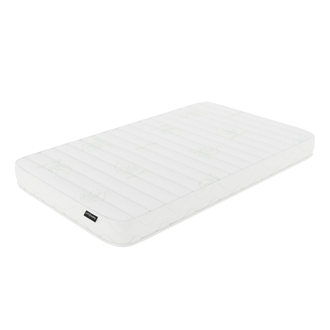 Azeem Baby Cot with Gettel 10cm Nursery Mattress, featuring a white, quilted foam mattress adorned with aloe-leaf logos and a black LUX tag, offers a clean and supportive sleep solution.