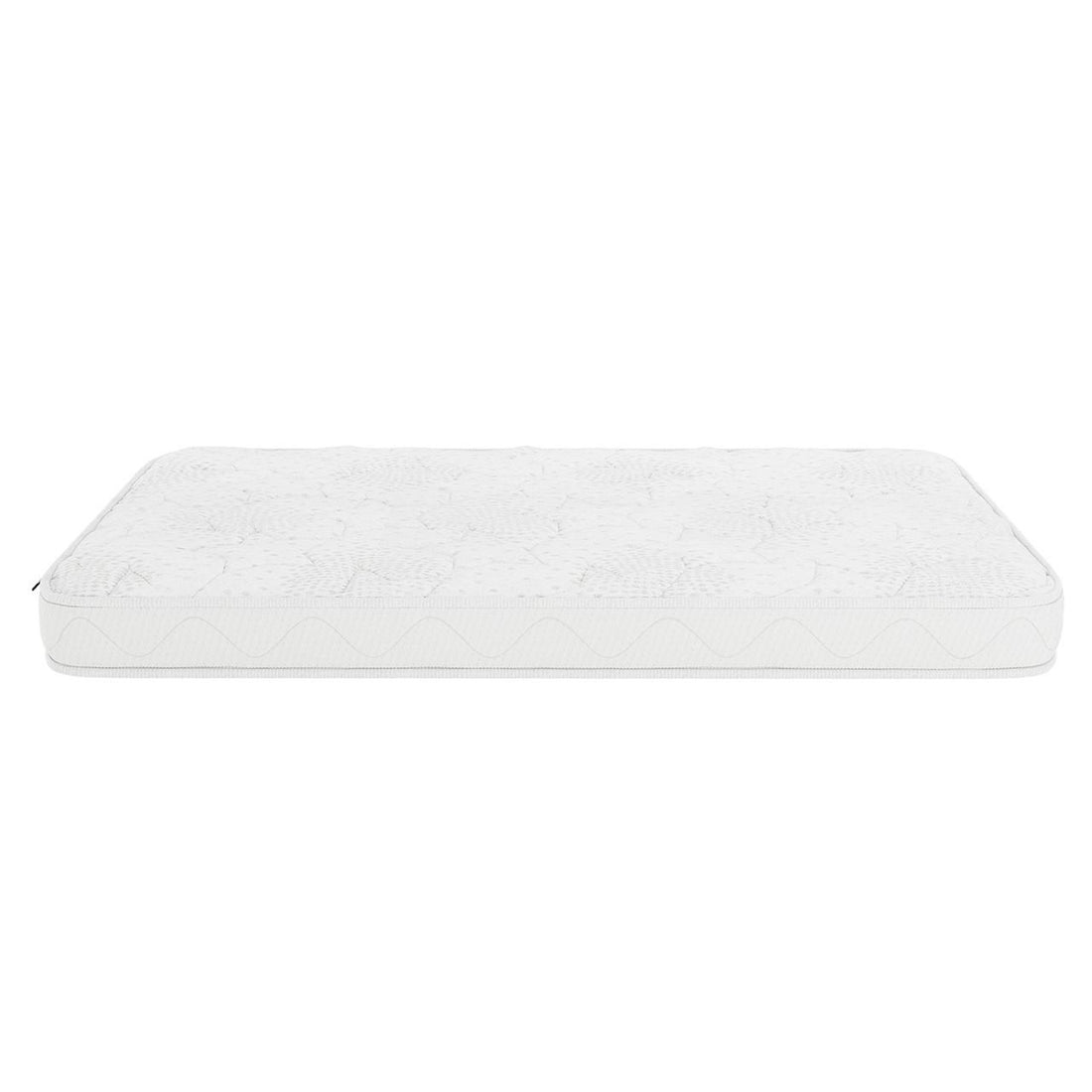 Gydas 10cm High Density Foam Knitted Nursery Cot Mattress features a quilt-patterned design, showcasing its dual-sided construction against a plain background, emphasizing comfort and support for safe, restful sleep.
