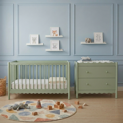 Mira Natural Pine Wood Adjustable Baby Cot in Sage Green