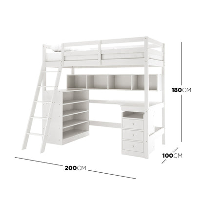 Momo Solid Pine Loft Bed with Thermis Mattress features a white wooden loft-style design with a raised bed, angled ladder, under-bed desk, cubby shelves, drawers, and a bookcase.