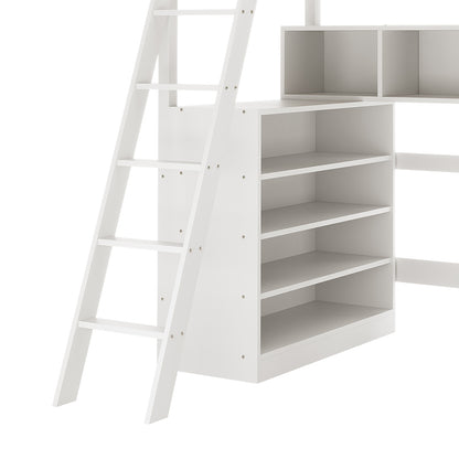 Momo Solid Pine Loft Bed with Thermis Mattress features a white loft bed frame with a slanted ladder and integrated shelving unit, offering functional storage and easy access.