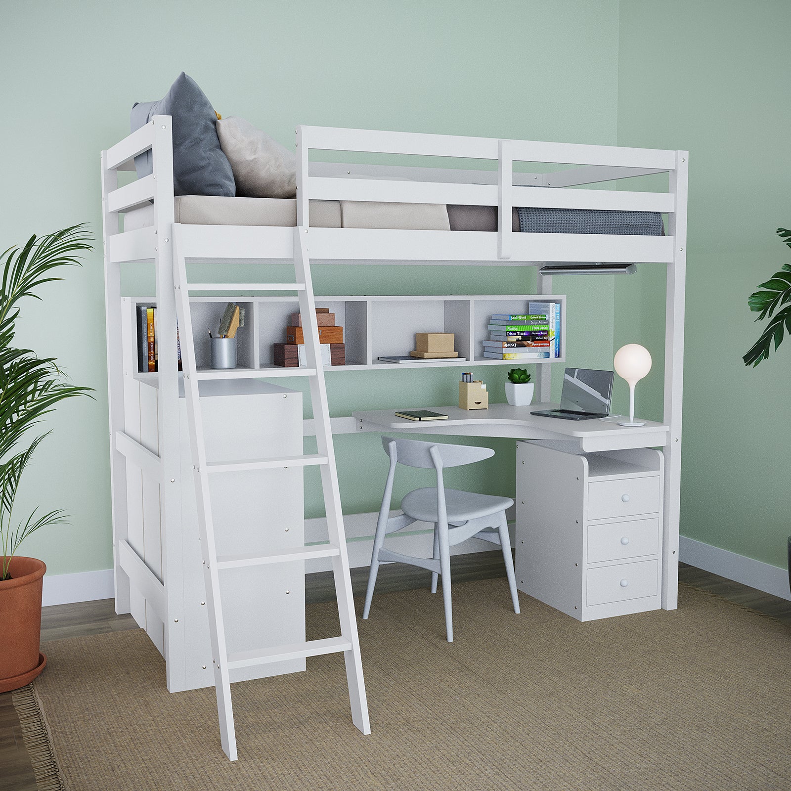 Momo Solid Pine Wood Loft Bed with Desk & Storage in White features a raised twin bed, integrated desk with laptop and shelves, maximizing small space functionality. Decor includes houseplants and a woven rug.