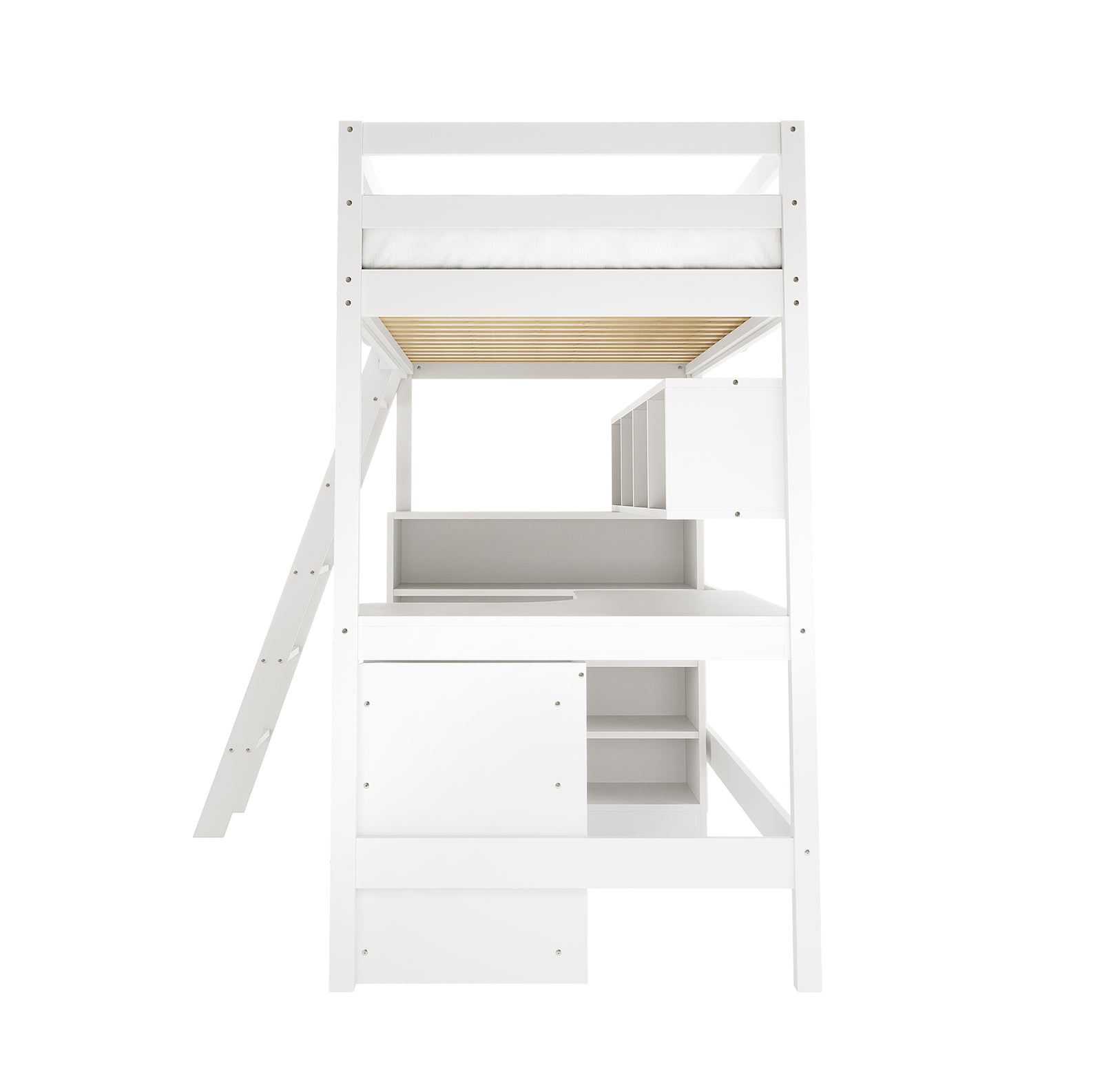 Momo Solid Pine Wood Loft Bed with Desk & Storage in White features a minimalist design with a top bunk, integrated workspace, cubby shelving, storage compartments, and a slanted ladder for access.