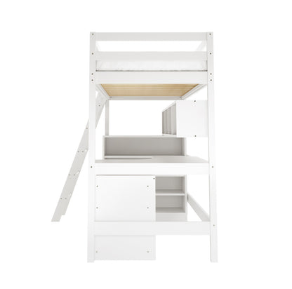 Momo Solid Pine Wood Loft Bed with Desk & Storage in White features a minimalist design with a top bunk, integrated workspace, cubby shelving, storage compartments, and a slanted ladder for access.