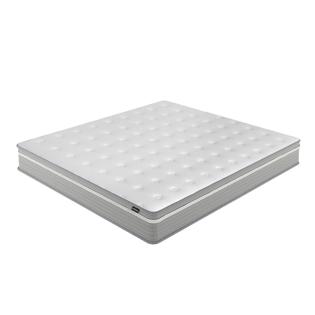 Oriona King 25cm Pocket Spring Gel Mattress in Medium Firm, featuring a white quilted top with tufted indentations and gray zippered side panel, showcasing cooling gel memory foam and 5-zone support.
