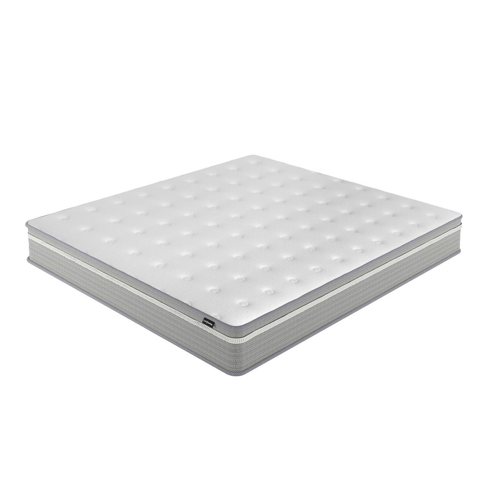Oriona King 25cm Pocket Spring Gel Mattress in Medium Firm, featuring a white quilted top with tufted indentations and gray zippered side panel, showcasing cooling gel memory foam and 5-zone support.