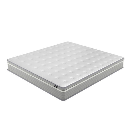 Oriona King 25cm Pocket Spring Gel Mattress in Medium Firm, featuring a white quilted top with tufted indentations and gray zippered side panel, showcasing cooling gel memory foam and 5-zone support.