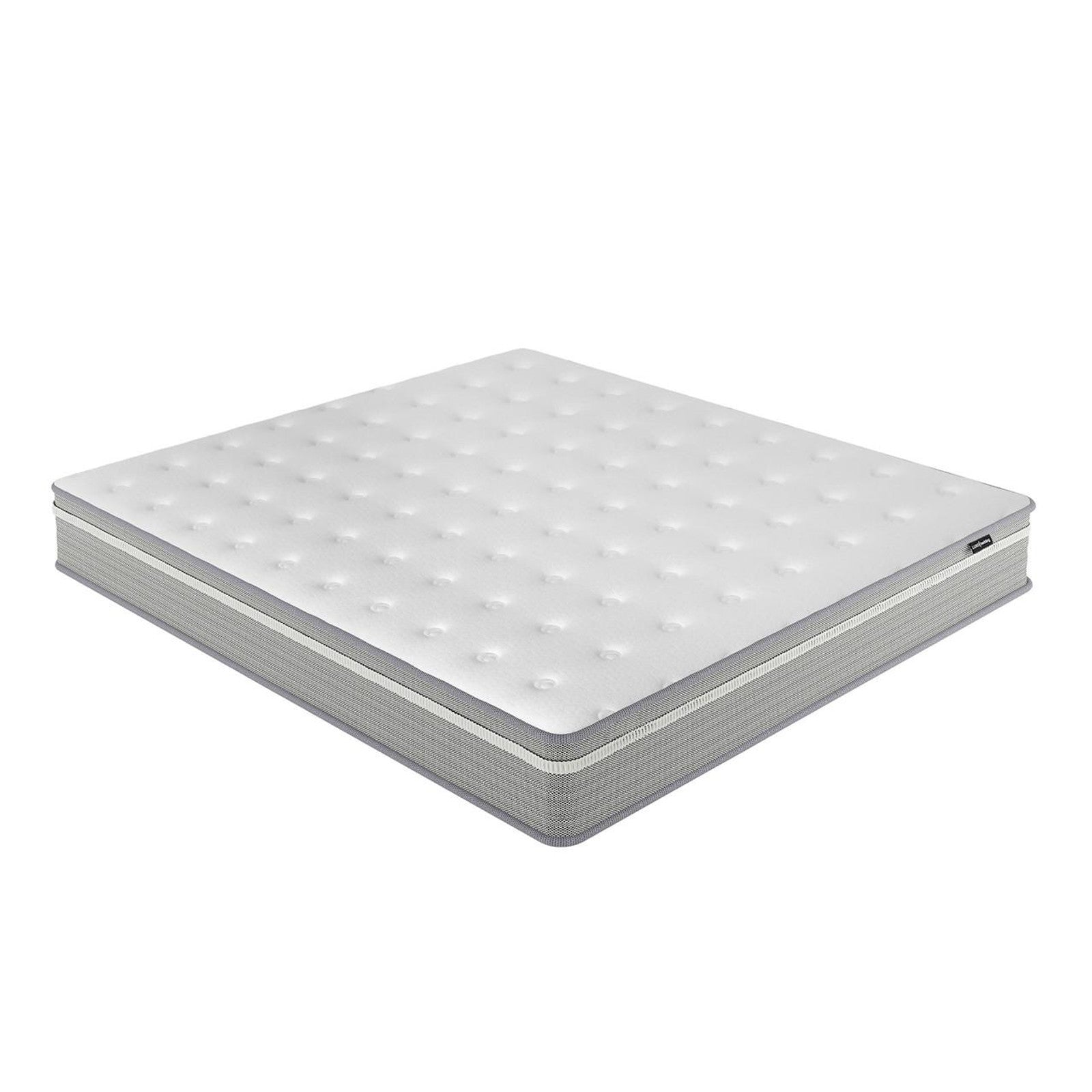 Oriona King 25cm Pocket Spring Gel Mattress in Medium Firm, featuring a tufted white quilted top and grey fabric sides, designed for spacious comfort and personalized support with a 5-zone pocket spring system.