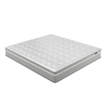 Oriona King 25cm Pocket Spring Gel Mattress in Medium Firm, featuring a tufted white quilted top and grey fabric sides, designed for spacious comfort and personalized support with a 5-zone pocket spring system.