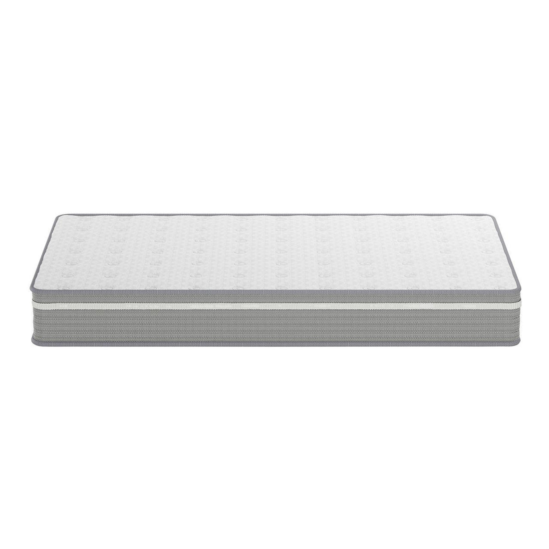 Oriona King Single 25cm Pocket Spring Mattress in Med Firm with a white quilted top and gray side panels, designed for comfort with cool gel-infused memory foam and breathable air mesh fabric.