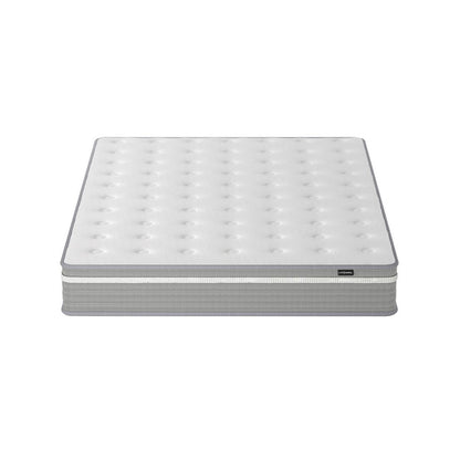 Oriona Queen 25cm Pocket Spring Gel Mattress in Medium Firm featuring a quilted white tufted top, light-gray side panel with white piping, and a brand label on the side.