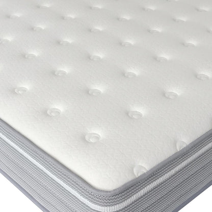 Close-up of the Oriona Single 25cm Pocket Spring Gel Mattress in Medium Firm, showing a white quilted top with button-tufted design and grey ventilated side panel for enhanced breathability.