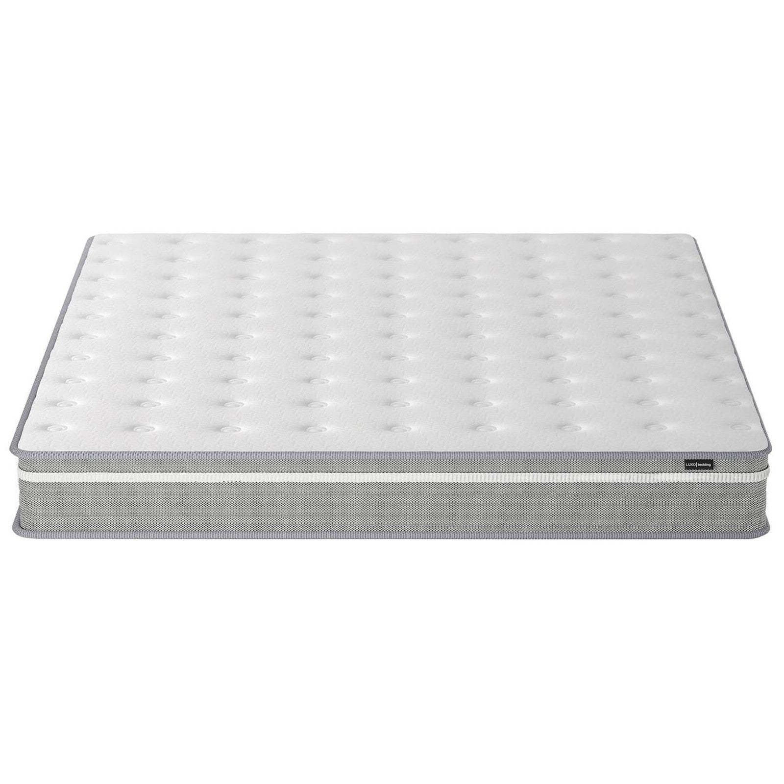 Oriona Super King 25cm Pocket Spring Mattress in Med Firm, featuring a quilted, tufted pillow-top with grey sidewalls, designed for optimal comfort and support, displayed against a white background.