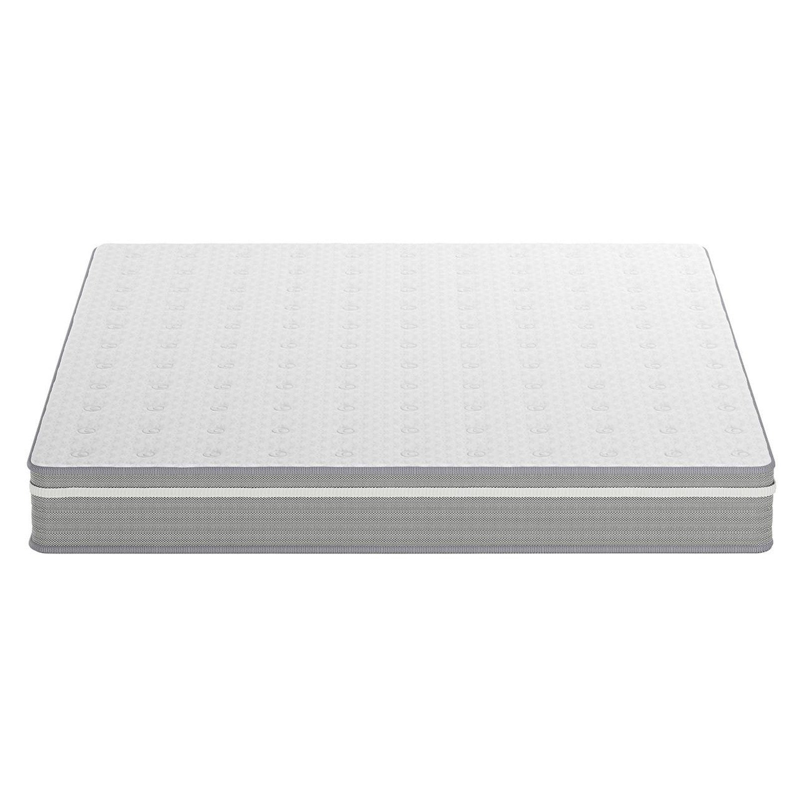 Oriona Super King 25cm Pocket Spring Mattress in Med Firm, features a white quilted top and light gray side panels, showcasing modern design with cool gel memory foam for ultimate comfort and support.