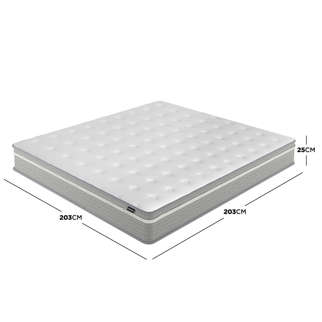 Oriona Super King 25cm Pocket Spring Mattress in Med Firm features quilt-tufted top, dimensions 203cm x 203cm, thickness 25cm, showcasing cool gel memory foam and 5-zone pocket spring system for superior comfort.