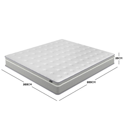 Oriona Super King 25cm Pocket Spring Mattress in Med Firm features quilt-tufted top, dimensions 203cm x 203cm, thickness 25cm, showcasing cool gel memory foam and 5-zone pocket spring system for superior comfort.