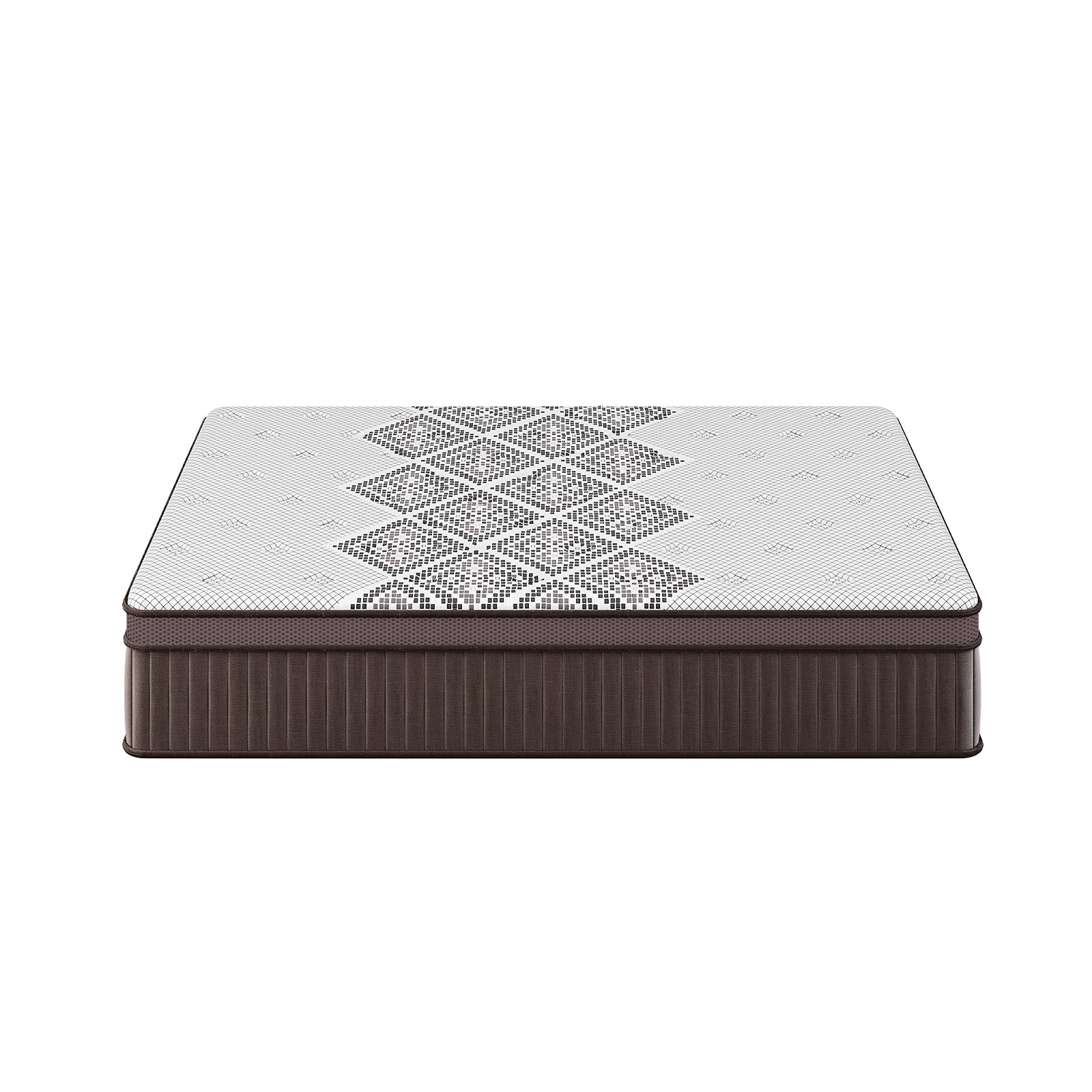 Thalia Double 30cm Memory Foam Pocket Spring Mattress features a white, patterned top with chocolate-brown sides, offering medium-firm support through its memory foam and pocket spring construction.