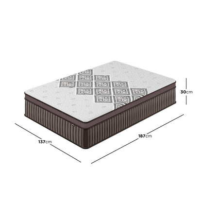 Thalia Double 30cm Memory Foam Pocket Spring Mattress, white-topped with geometric pattern and dark-brown quilted sides, dimensions shown: 187cm x 137cm x 30cm, highlighting its supportive, medium-firm construction.