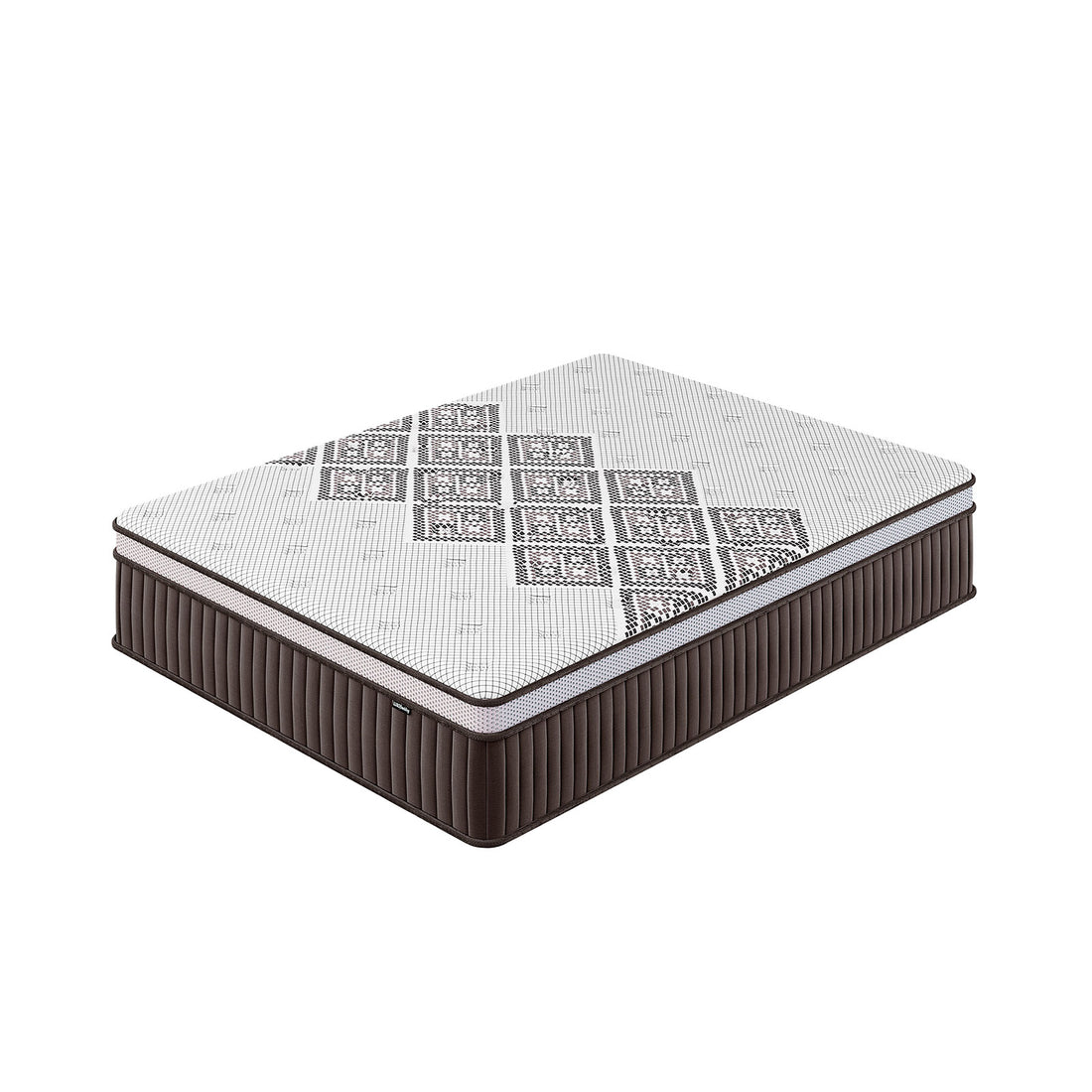 Thalia Queen 30cm Memory Foam Pocket Spring Mattress in Med, showcasing a quilted geometric top and brown channel-stitched sides, designed for optimal comfort and support with a nine-layer construction.