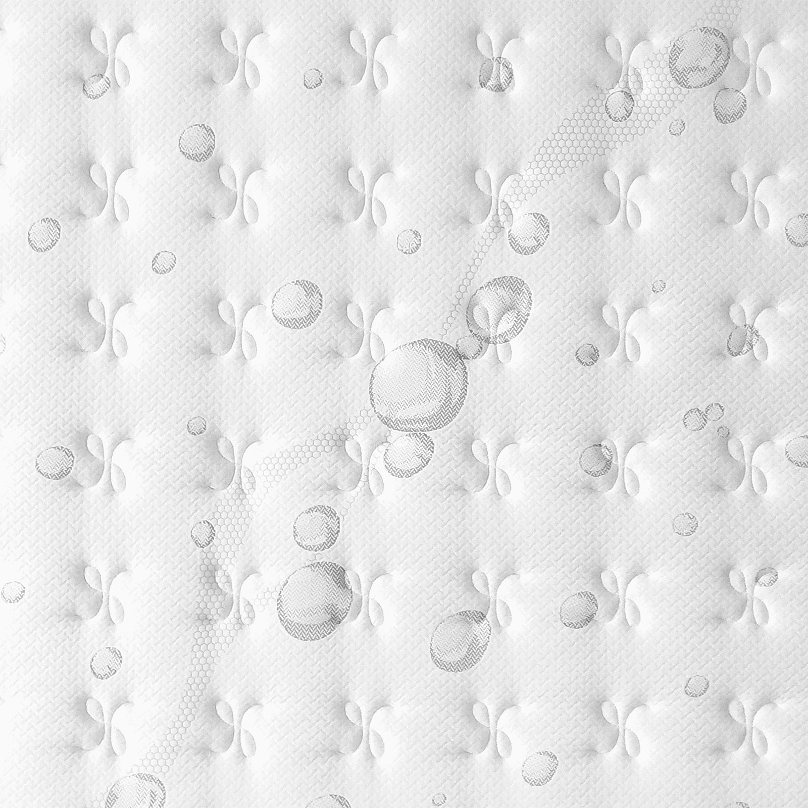 Close-up of Thetis King Single 25cm Pocket Spring Latex Mattress, showcasing quilted white cover with stitched, tufted flower motifs, faint circles, and hexagon-mesh accents, emphasizing comfort and support features.