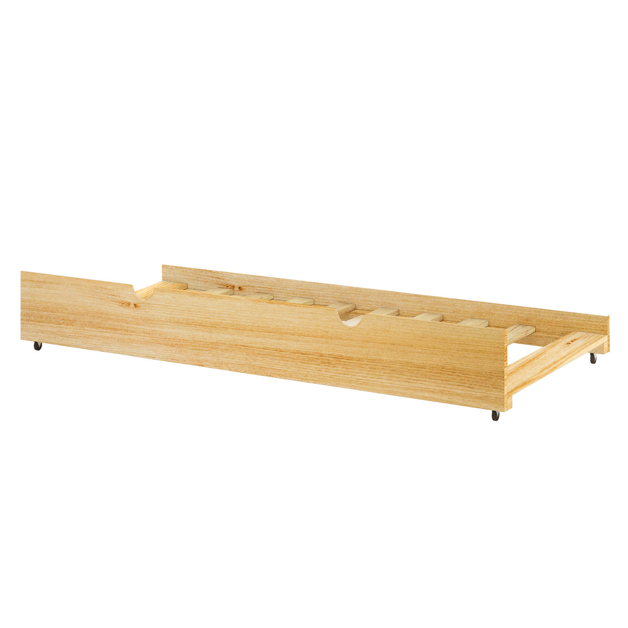 Narell Single Solid Wood Pull-Out Trundle Bed in Natural features a light-stained slatted frame with cut-out handles and caster wheels, designed for easy under-bed storage and space-saving functionality.