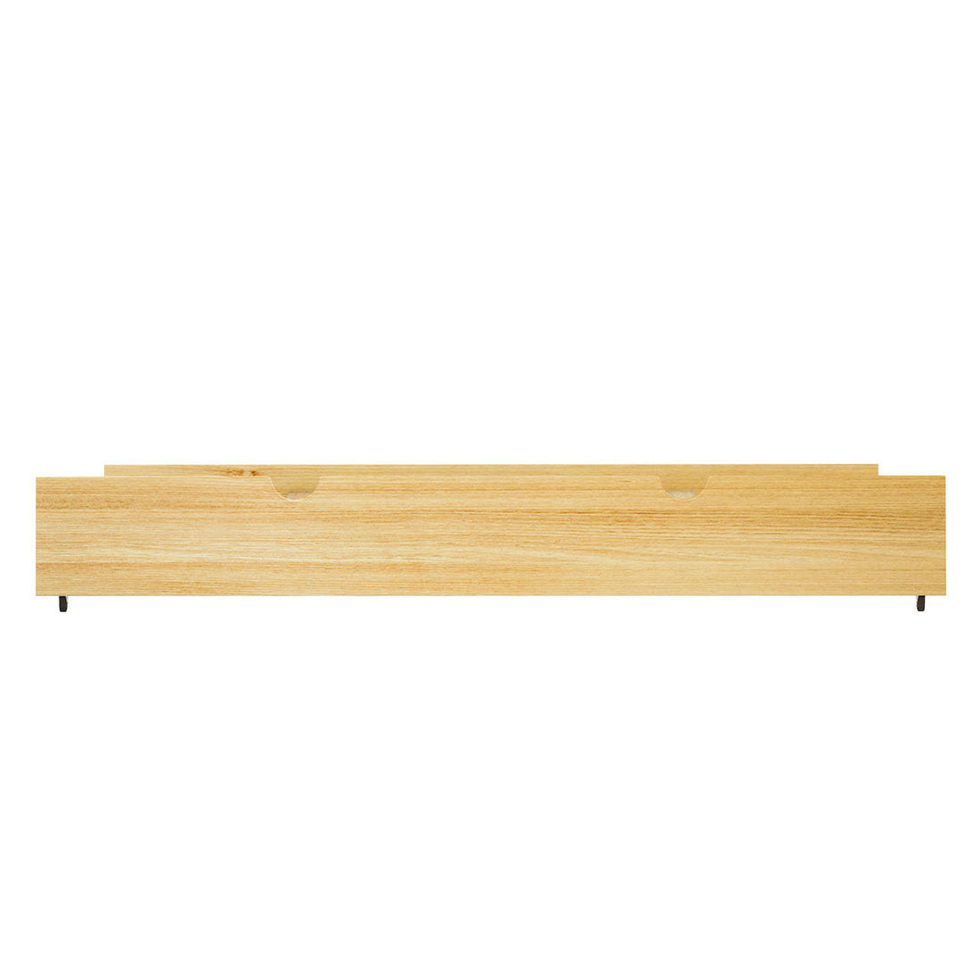 Narell Solid Pine Single Pull-Out Trundle Bed in Natural, featuring a long, low wooden drawer with two semicircular cut-out handles and small gliders underneath, designed for easy under-bed storage.