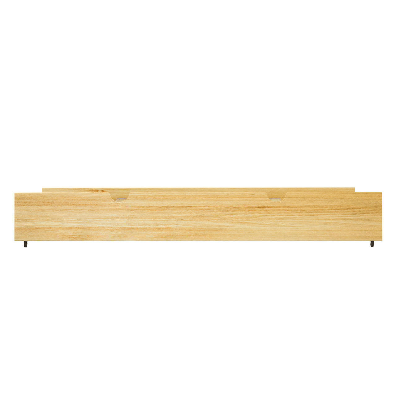 Narell Solid Pine Single Pull-Out Trundle Bed in Natural, featuring a long, low wooden drawer with two semicircular cut-out handles and small gliders underneath, designed for easy under-bed storage.