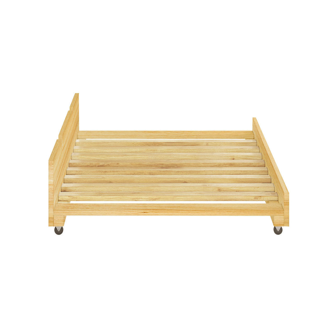 Narell Single Solid Wood Pull-Out Trundle Bed in Natural; a low, rectangular wooden frame with evenly spaced slats on four small caster wheels, designed for easy mobility and space-saving convenience.