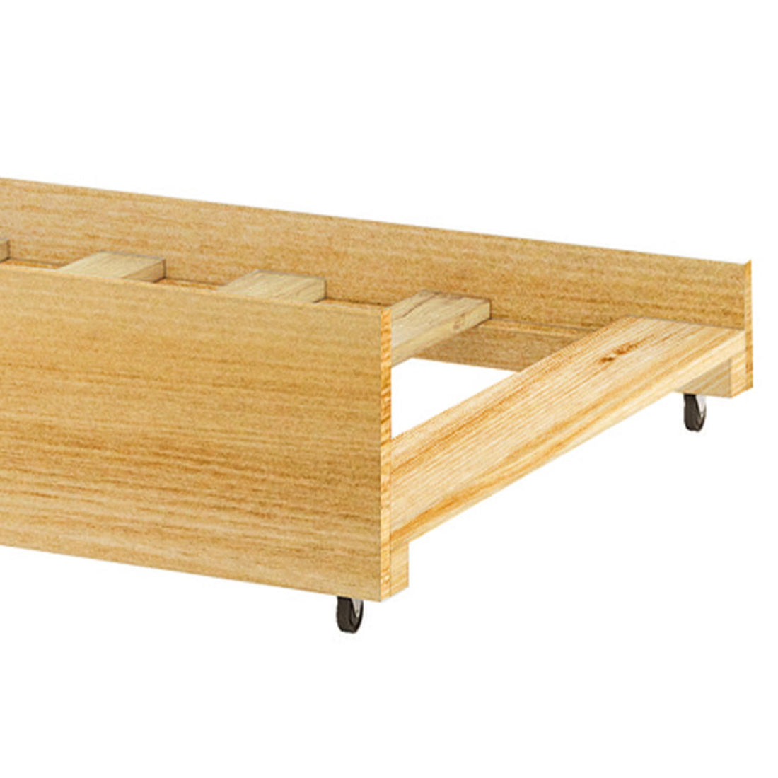Narell Single Solid Wood Pull-Out Trundle Bed in Natural, a low rectangular wooden frame on caster wheels with wooden slats, designed for easy sliding under furniture for space-saving use.
