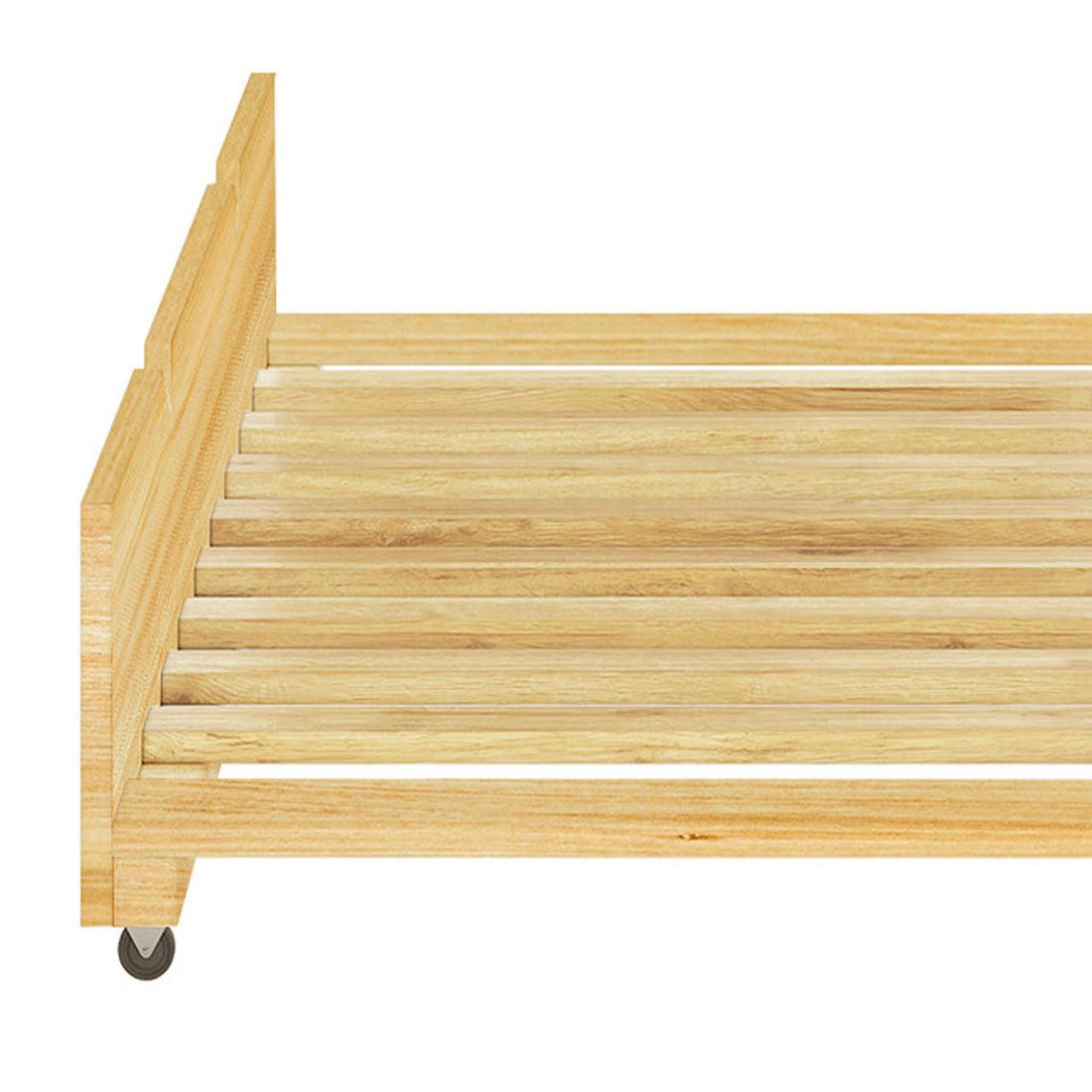 Narell Single Solid Wood Pull-Out Trundle Bed in Natural, featuring a wooden slatted frame on caster wheels, showcasing the end/top corner with horizontal mattress-supporting slats and a visible swivel wheel.