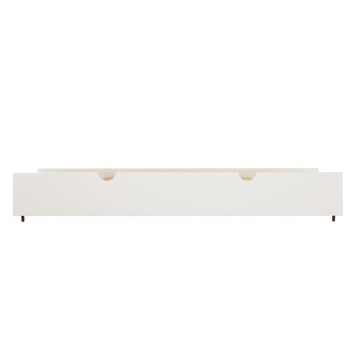 Narell Single Solid Wood Pull-Out Trundle Bed in White, featuring a long, low-profile design with two semicircular cut-out handles and caster wheels for easy sliding under a taller bed.