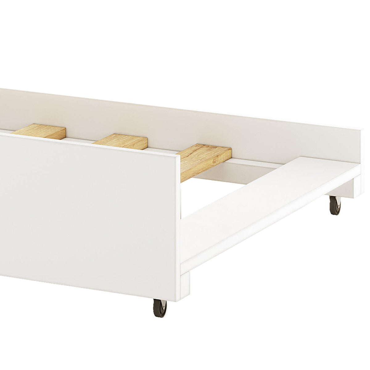 Narell Single Solid Wood Pull-Out Trundle Bed in White, featuring a rectangular wooden frame with caster wheels and wooden slats for mattress support, ideal for maximizing sleeping space efficiently.