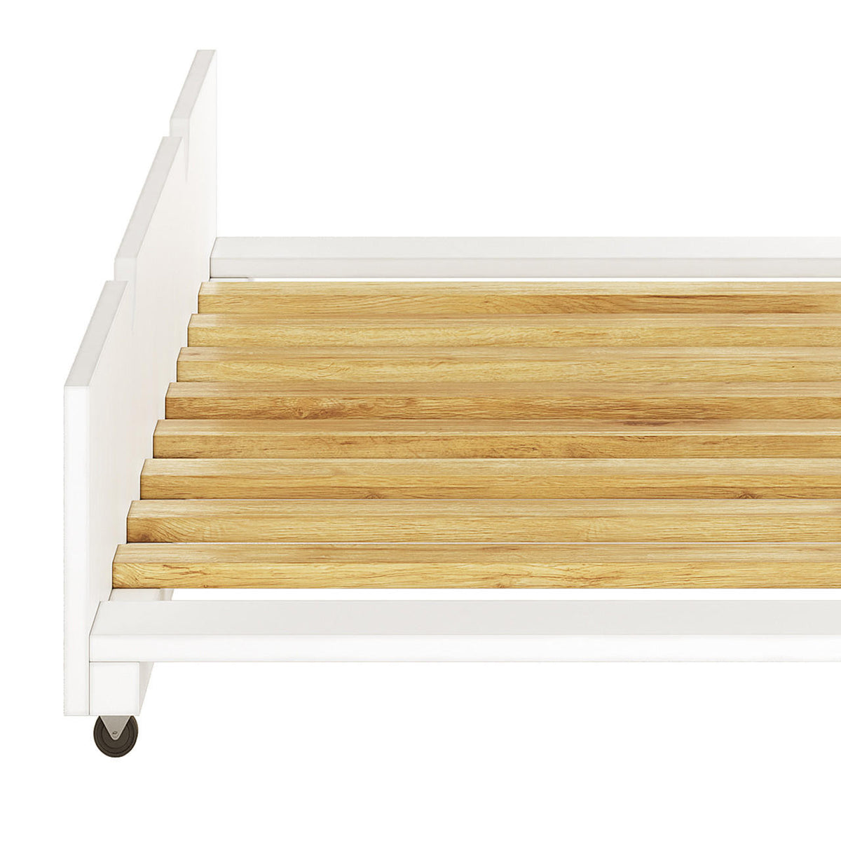 Narell Single Solid Wood Pull-Out Trundle Bed in White featuring a slatted bed base on a white frame with casters, designed for easy storage and additional sleeping space.