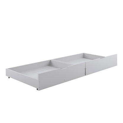 Nero Natural Pine Triple Bunk Bed with Storage Drawers – White, featuring a single top bunk, double bottom bunk, and built-in drawers, showcases a sturdy white pine frame with safety guardrails and ladder.