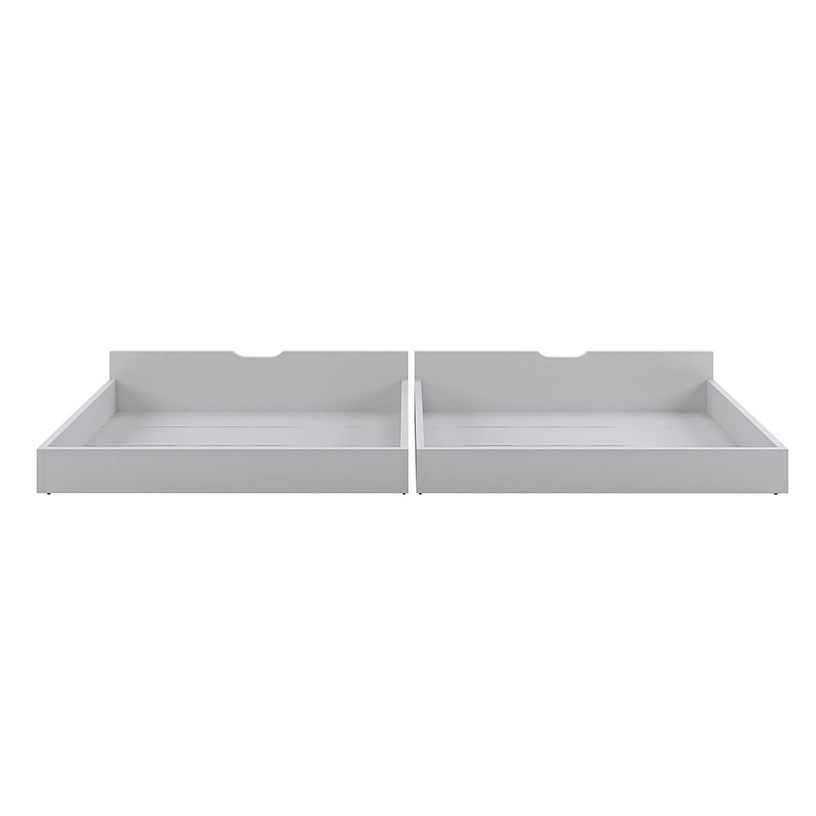 Nero Natural Pine Triple Bunk Bed with Storage Drawers – White, featuring a single top bunk, double bottom bunk, built-in ladder, full-length guardrails, and visible white drawers on a shelf.