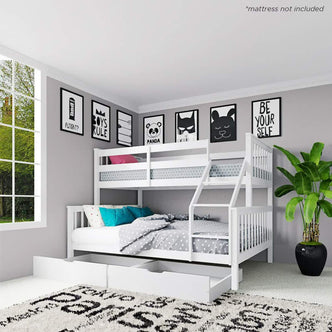 Nero Natural Pine Triple Bunk Bed in White, featuring a solid pine build with a single top and double bottom bunk, integrated ladder, and guardrails, ideal for space-saving in shared rooms.