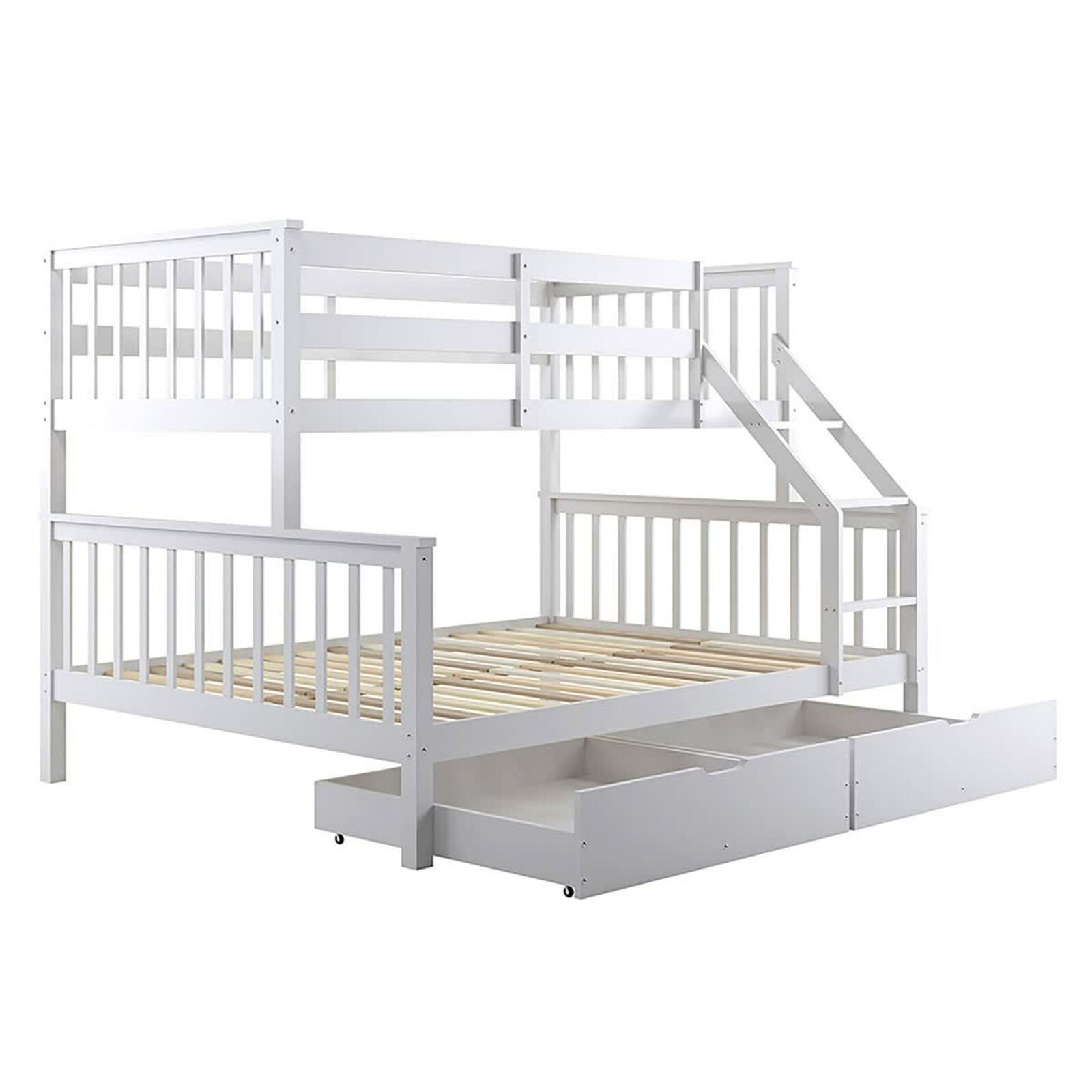 Nero Natural Pine Triple Bunk Bed with Storage Drawers – White, featuring a solid pine frame with built-in ladder, full-length guardrails, and customizable single top and double bottom bunk configuration.