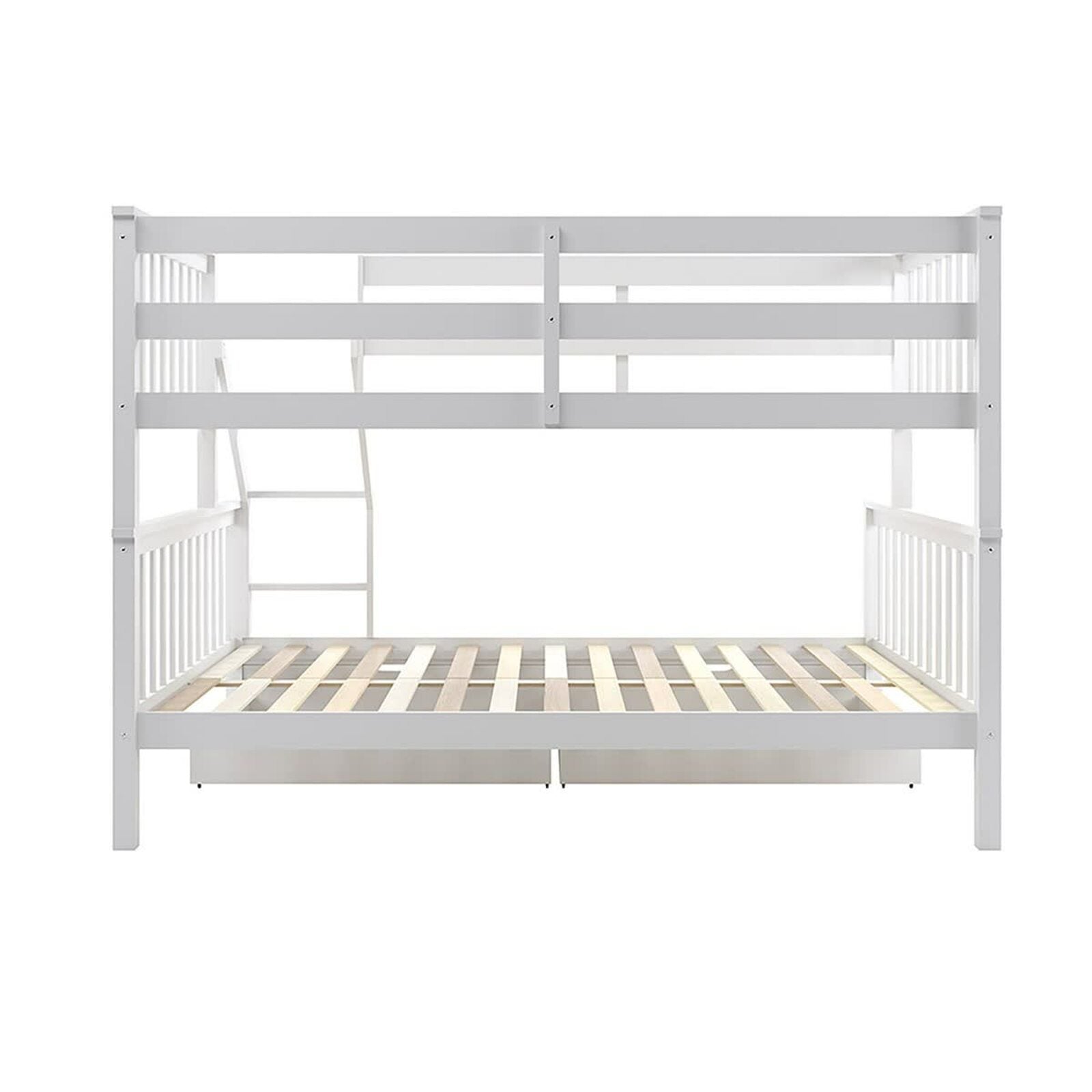 Nero Natural Pine Triple Bunk Bed – White, showcasing a sturdy wooden frame with a top single and bottom double bed, includes a secure built-in ladder and full-length guardrails.