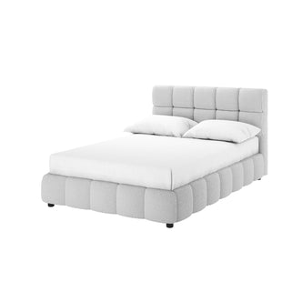 Nikias Double Bouclé Fabric Bed Frame in Light Grey features a tufted headboard and matching footboard in plush, textured fabric, with two pillows on the mattress, exuding modern sophistication and comfort.