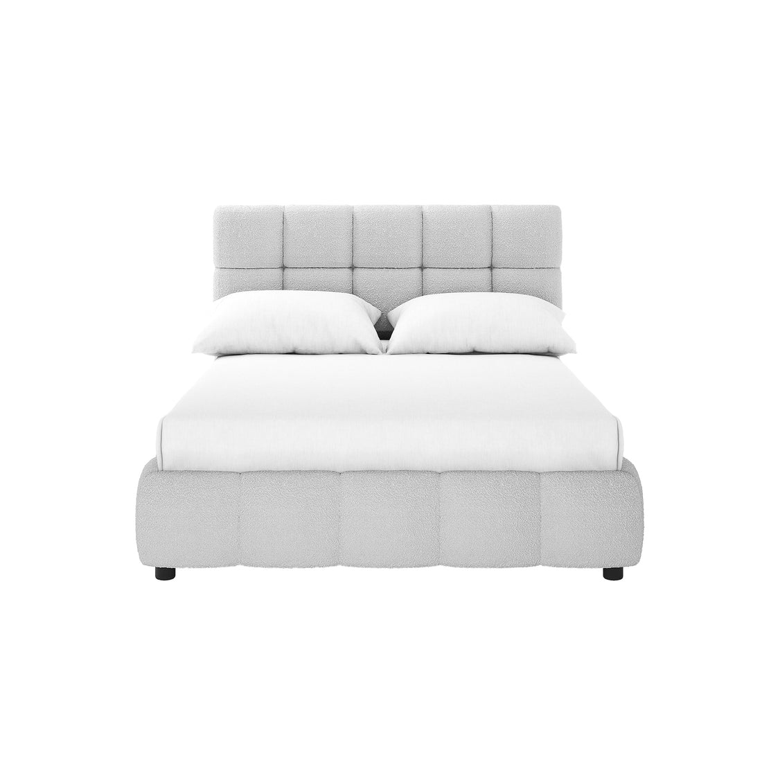 Nikias Double Boucle Fabric Bed Frame in Light Grey features a low-profile frame, square-tufted headboard and footboard, upholstered in boucle fabric, with a fitted mattress and pillows, supported by four simple legs.