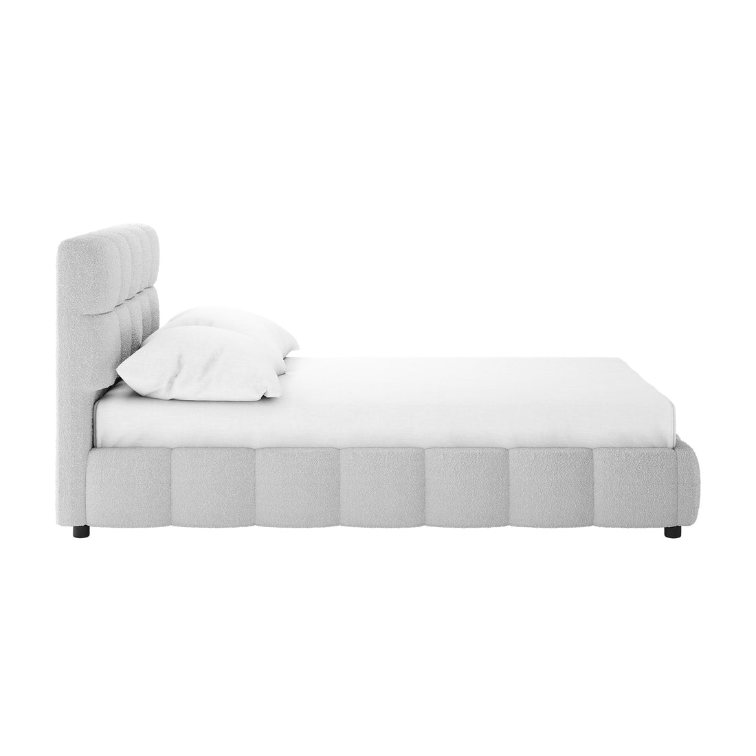 Nikias Double Bouclé Fabric Bed Frame in Light Grey featuring a puffy, square-tufted headboard with white bedding and a single pillow, set against a plain backdrop, highlighting its modern, upholstered design.
