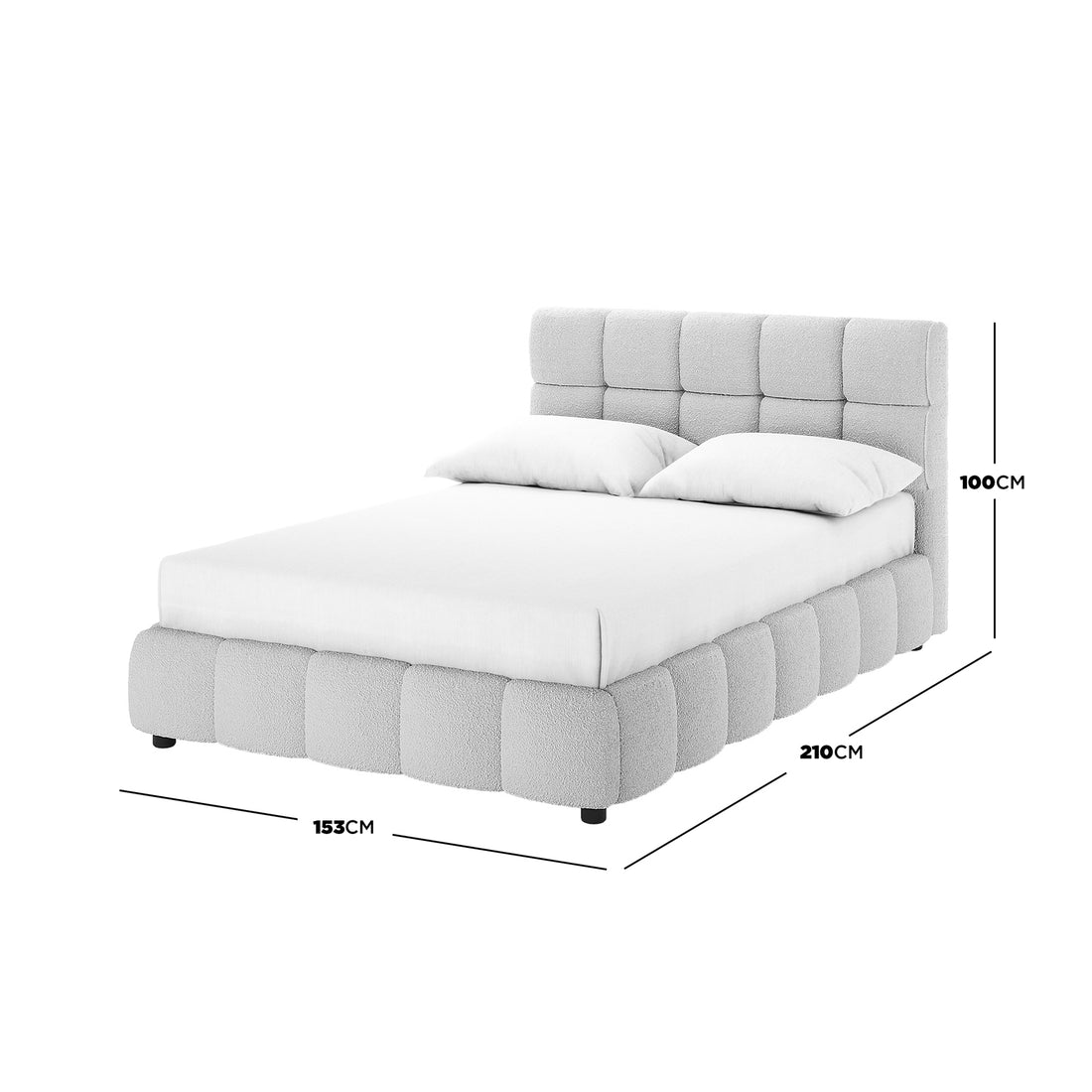 Nikias Double Boucle Fabric Bed Frame in Light Grey featuring a low-profile design with a puffy square-tufted headboard, upholstered in boucle-style fabric, complete with mattress and pillows, measuring 153x210 cm.
