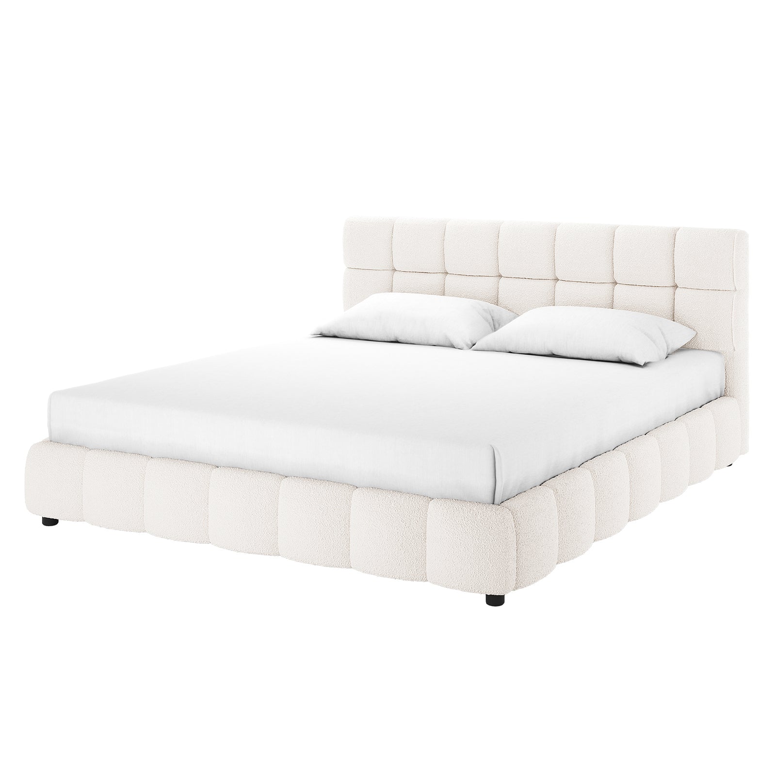Nikias King Boucle Fabric Bed Frame in Cream White features a tall, tufted headboard and plush, rounded base in off-white bouclé. The platform design includes a mattress with fitted sheet and pillows.
