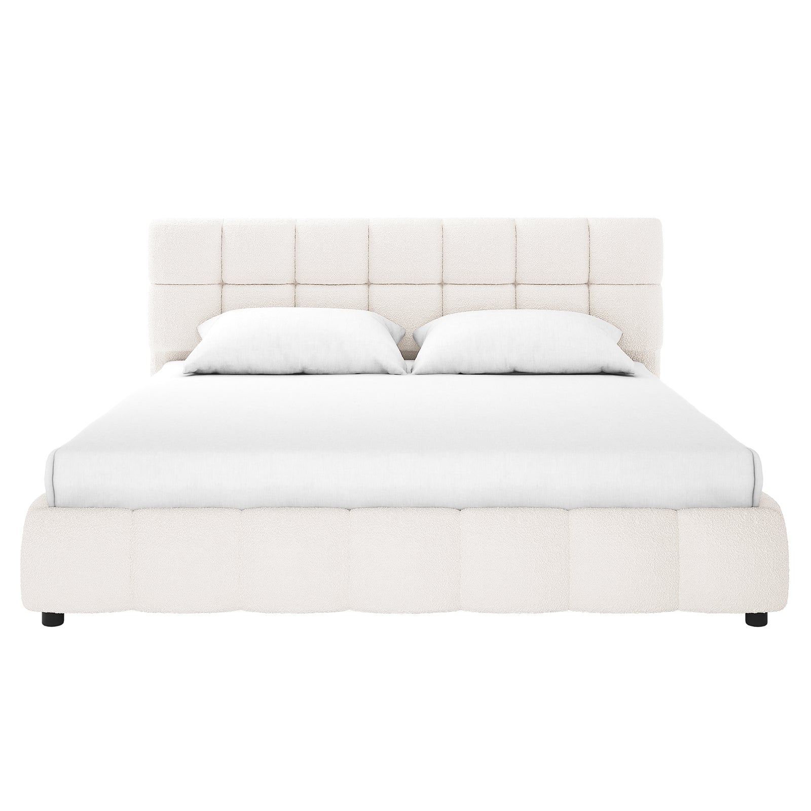 Nikias King Bouclé Fabric Bed Frame in Cream White features a square-tufted headboard and footboard, upholstered in soft fabric, with a solid wood frame, creating a modern, luxurious bedroom centerpiece.