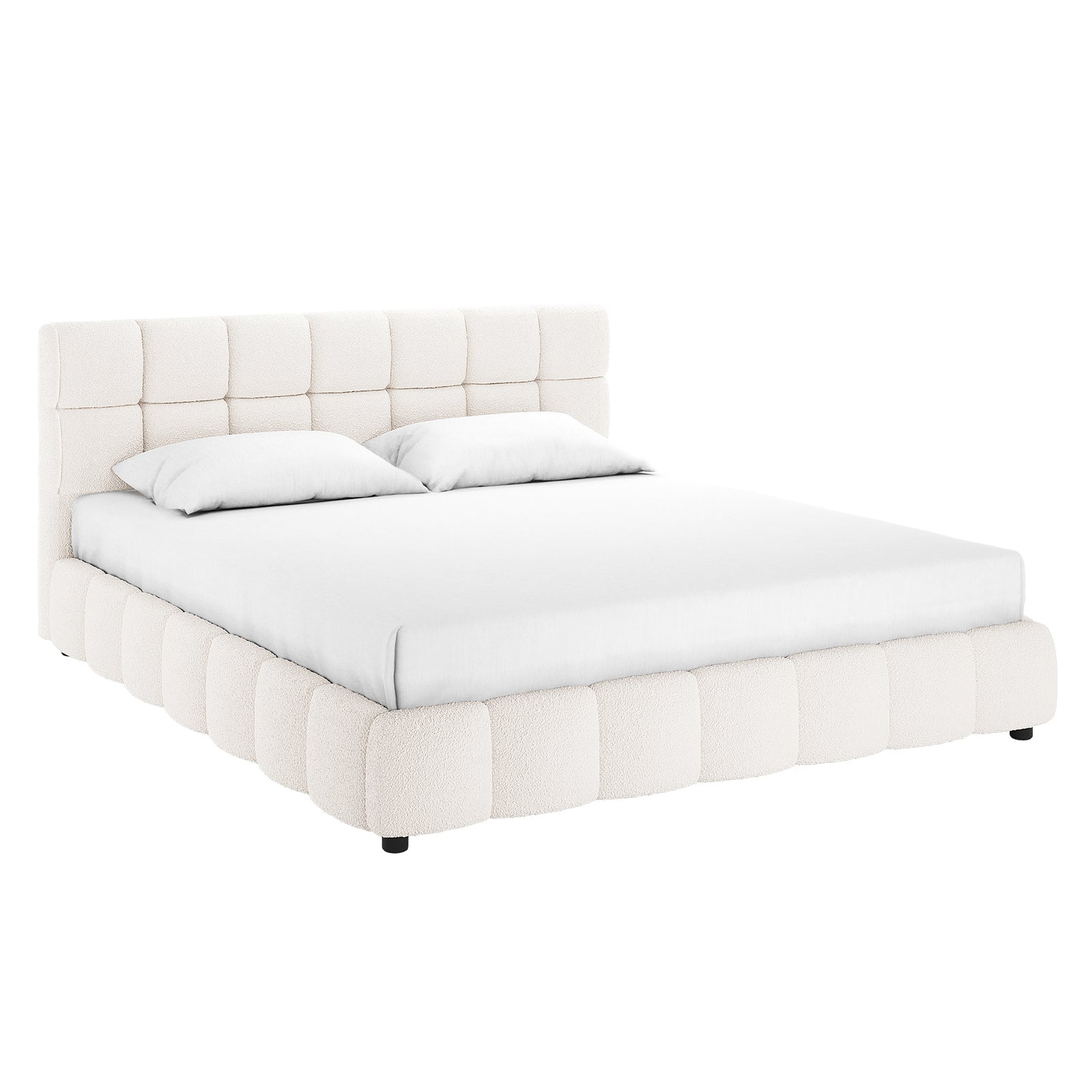 Nikias King Bouclé Fabric Bed Frame in Cream White features a low-profile design with a grid-tufted headboard, matching rounded-edge frame, and plush upholstery, offering a sophisticated, modern aesthetic.