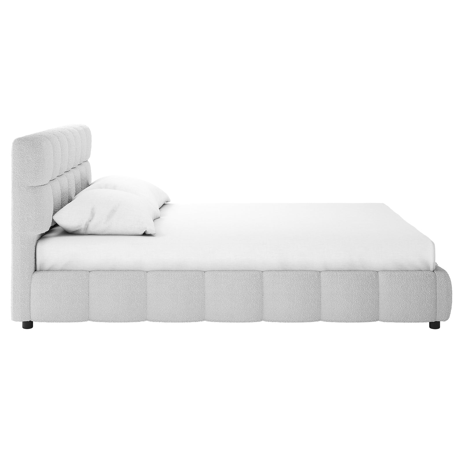 Nikias King Bouclé Fabric Bed Frame in Light Grey features a modern platform style with a tufted headboard, showcasing soft bouclé upholstery for a luxurious, comfortable ambiance in spacious bedrooms.