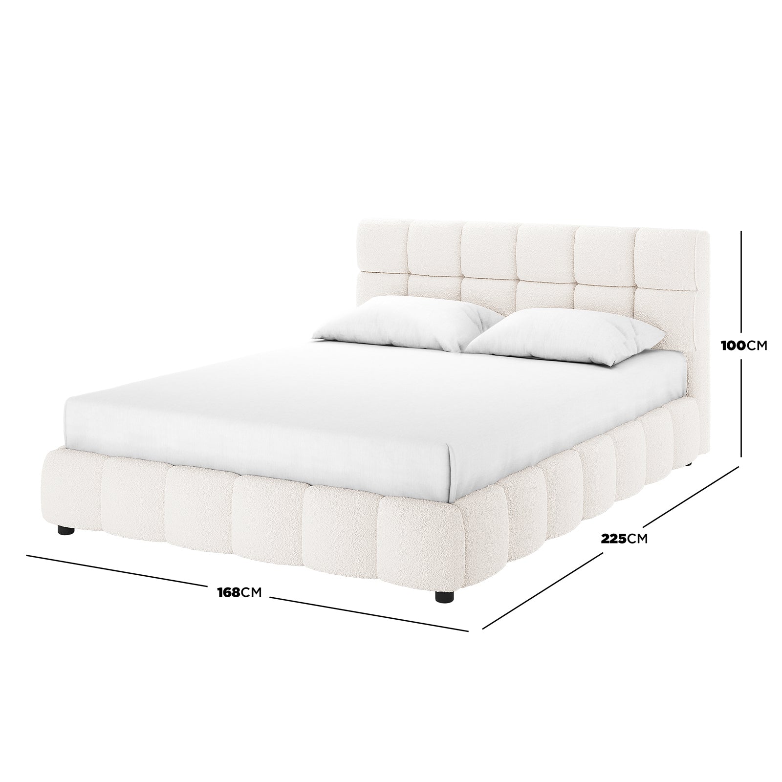 Nikias Queen Bouclé Fabric Bed Frame in Cream White features a plush, tufted headboard and padded base in off-white bouclé fabric, shown with a white mattress and pillows.