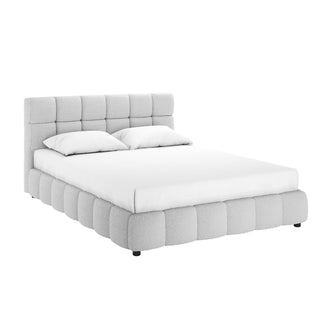 Queen Boucle Fabric Bed Frame in Light Grey featuring a plush, upholstered design, tufted headboard with two pillows, fitted sheet, showcasing modern elegance and comfort