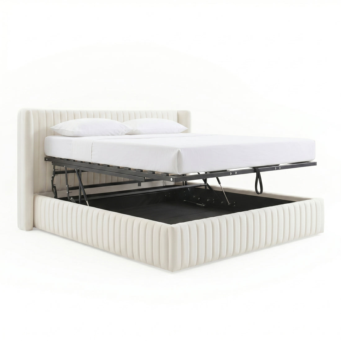 Nina King Velvet Gas Lift Storage Bed Frame in Cream White