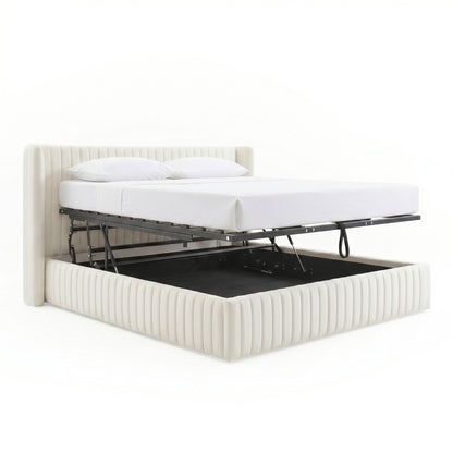 Nina King Velvet Gas Lift Storage Bed Frame in Cream White
